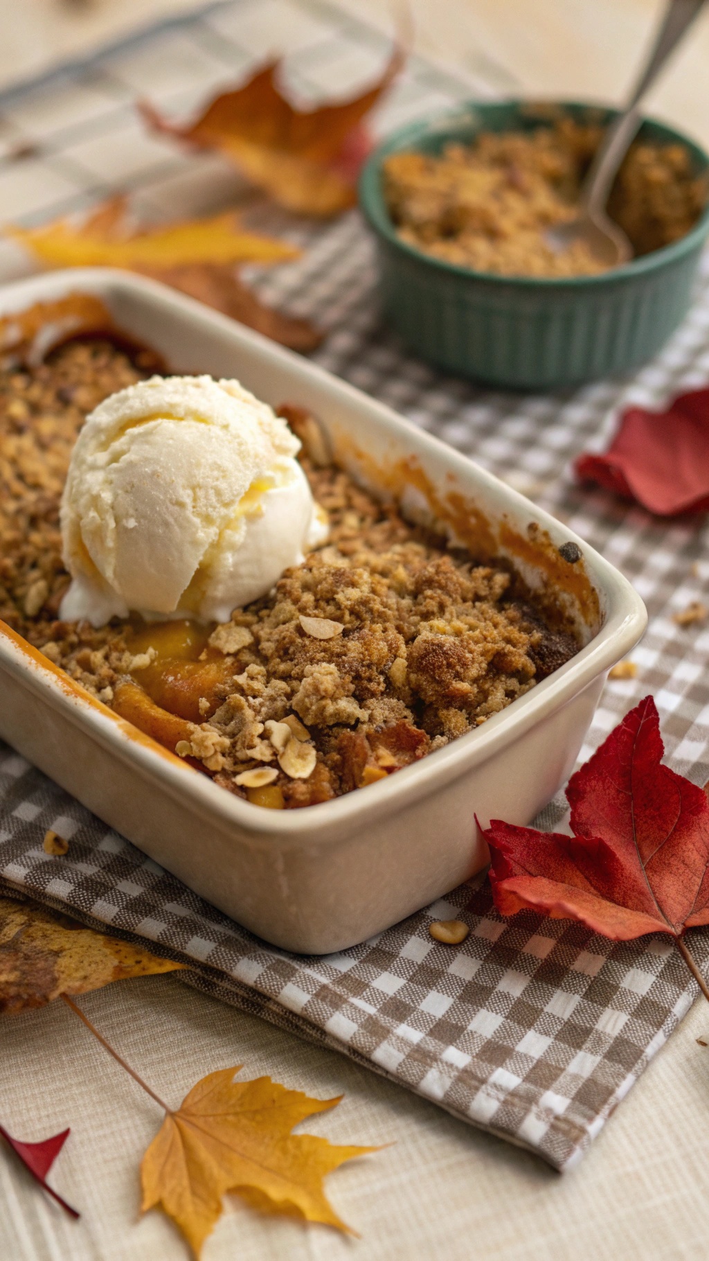 A warm apple crisp topped with vanilla ice cream, surrounded by autumn leaves.