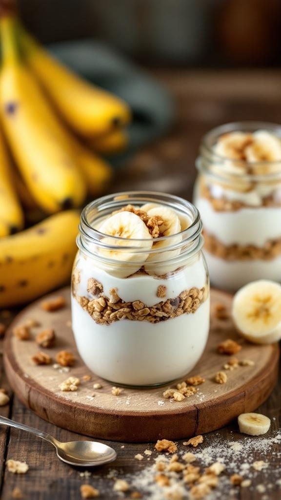 Healthy banana pudding parfaits with yogurt, granola, and banana slices in jars.