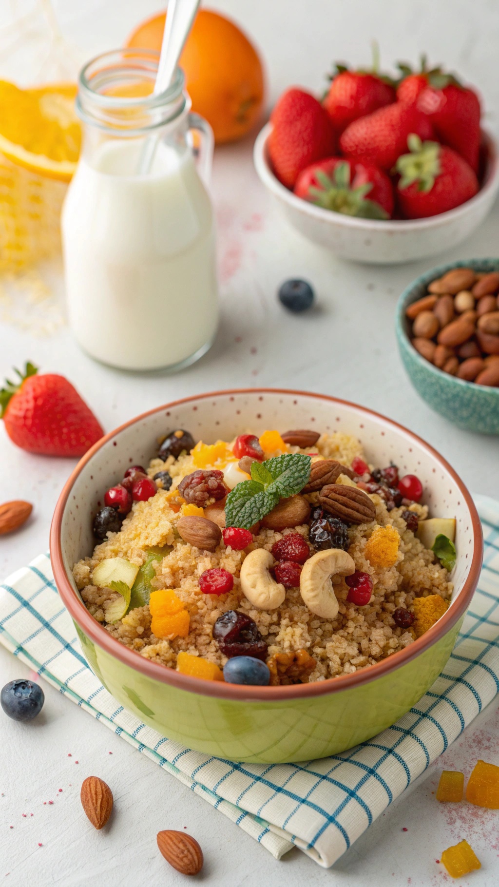 A bowl of healthy breakfast couscous topped with nuts and dried fruits, surrounded by fresh strawberries and a bottle of milk.