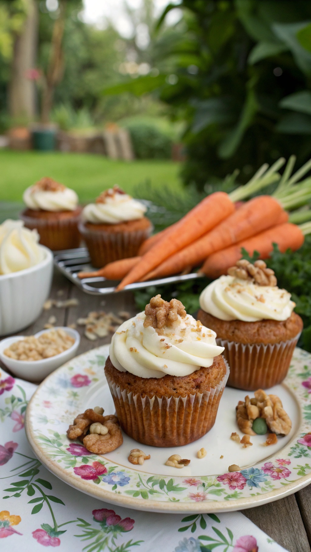 Healthy carrot cake muffins topped with cream cheese frosting and walnuts, with fresh carrots in the background.