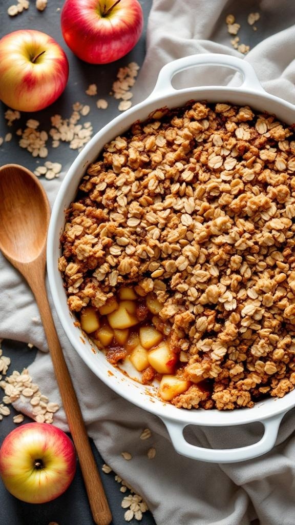 A healthy oatmeal apple crisp in a baking dish, surrounded by fresh apples and oats.