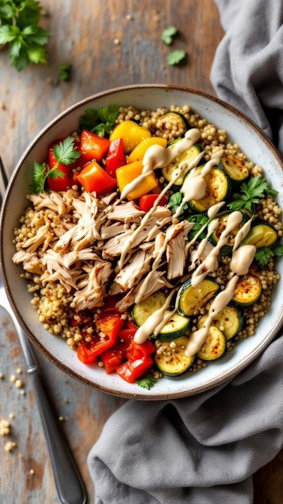 A colorful quinoa bowl with rotisserie chicken, zucchini, bell peppers, and a creamy sauce.