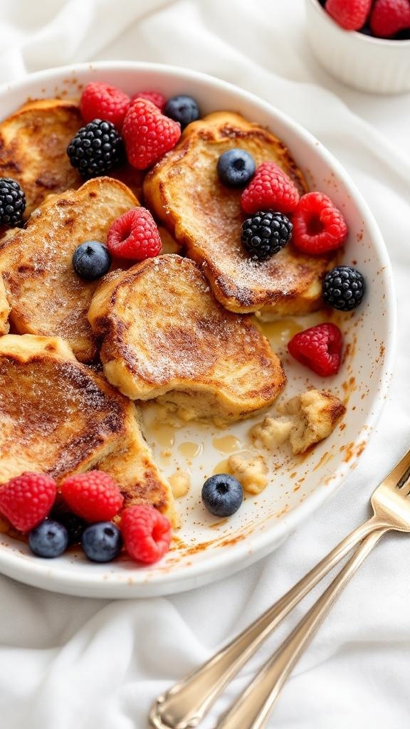 A delicious healthy whole wheat overnight French toast casserole topped with fresh berries.