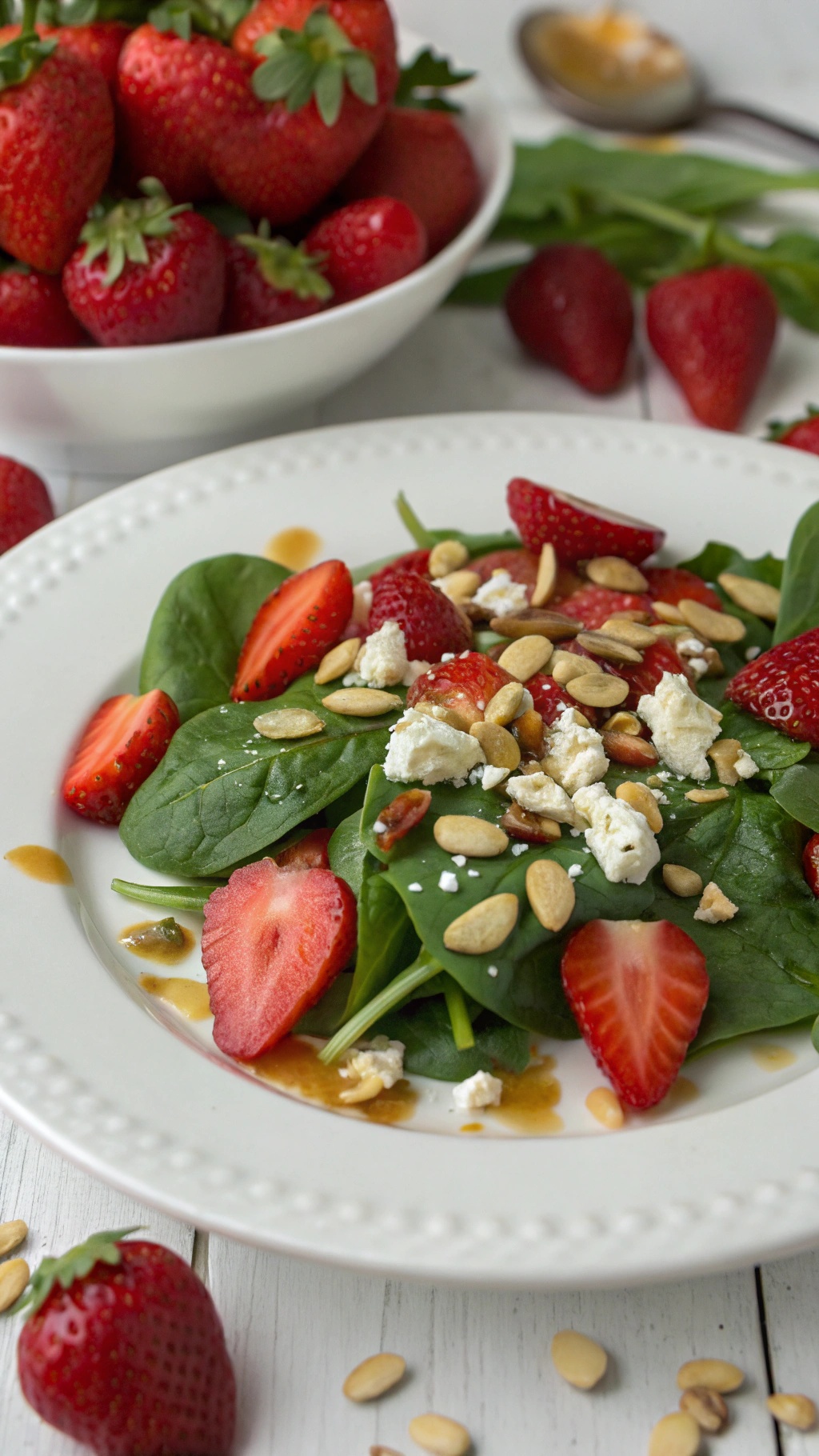 A vibrant spinach and strawberry salad topped with nuts and feta cheese on a white plate, with a bowl of fresh strawberries in the background.