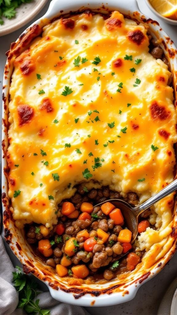 A delicious serving of Cauliflower Shepherd's Pie with a golden cheesy top and colorful vegetables peeking through.