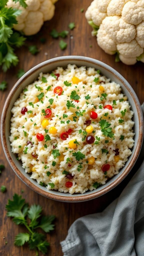 A bowl of colorful cauliflower rice with herbs and vegetables.