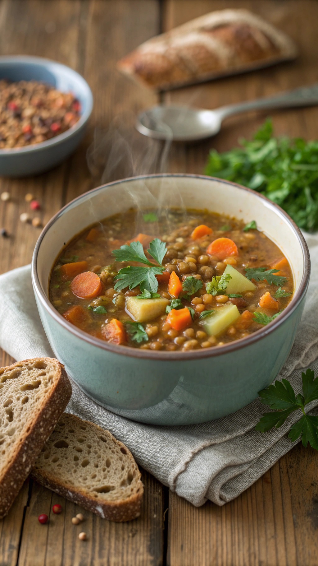 A bowl of steaming lentil vegetable soup with carrots and greens, served with slices of bread.