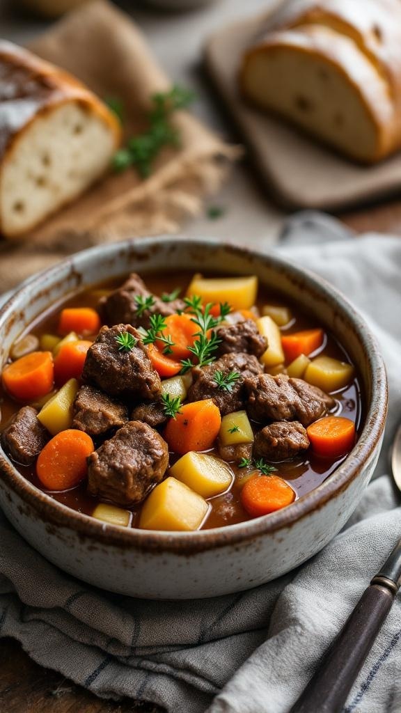 A bowl of hearty beef stew with chunks of beef, carrots, and potatoes, garnished with fresh herbs.