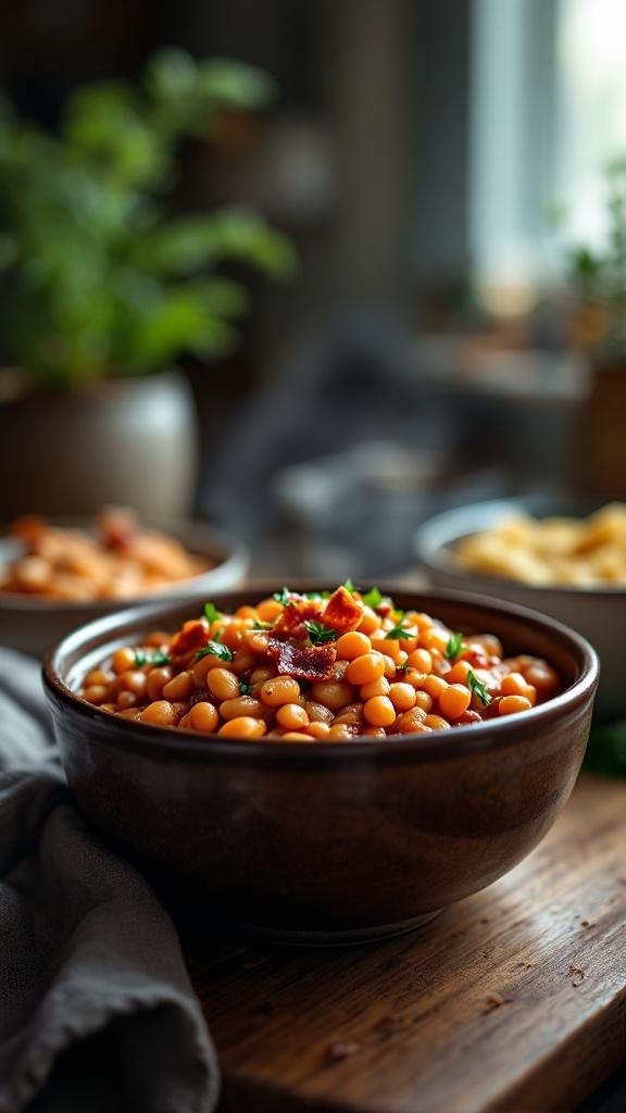 A bowl of hearty baked beans topped with bacon and herbs, served on a wooden table.