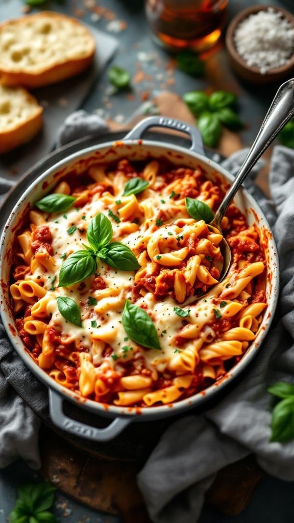 A delicious baked ziti dish topped with fresh basil, served in a gray baking dish with a spoon.