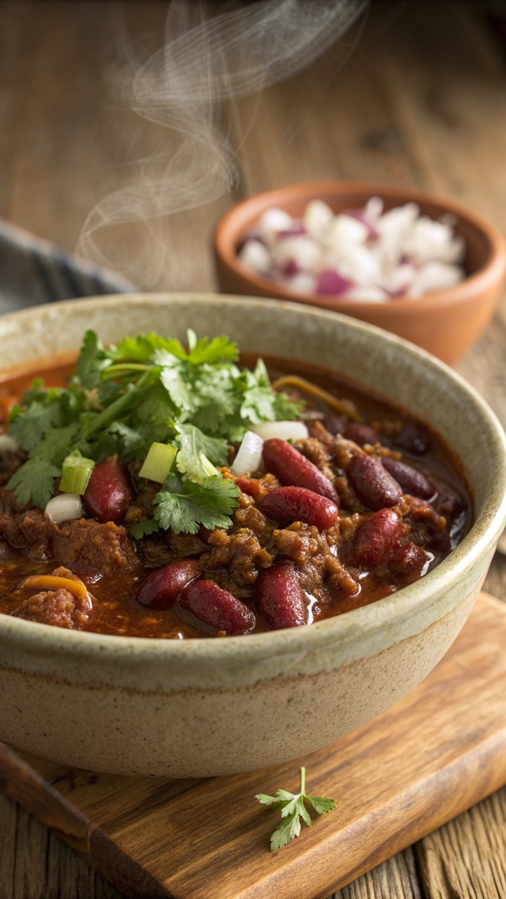 A steaming bowl of hearty beef and bean chili topped with cilantro and green onions, with a side of chopped onions.