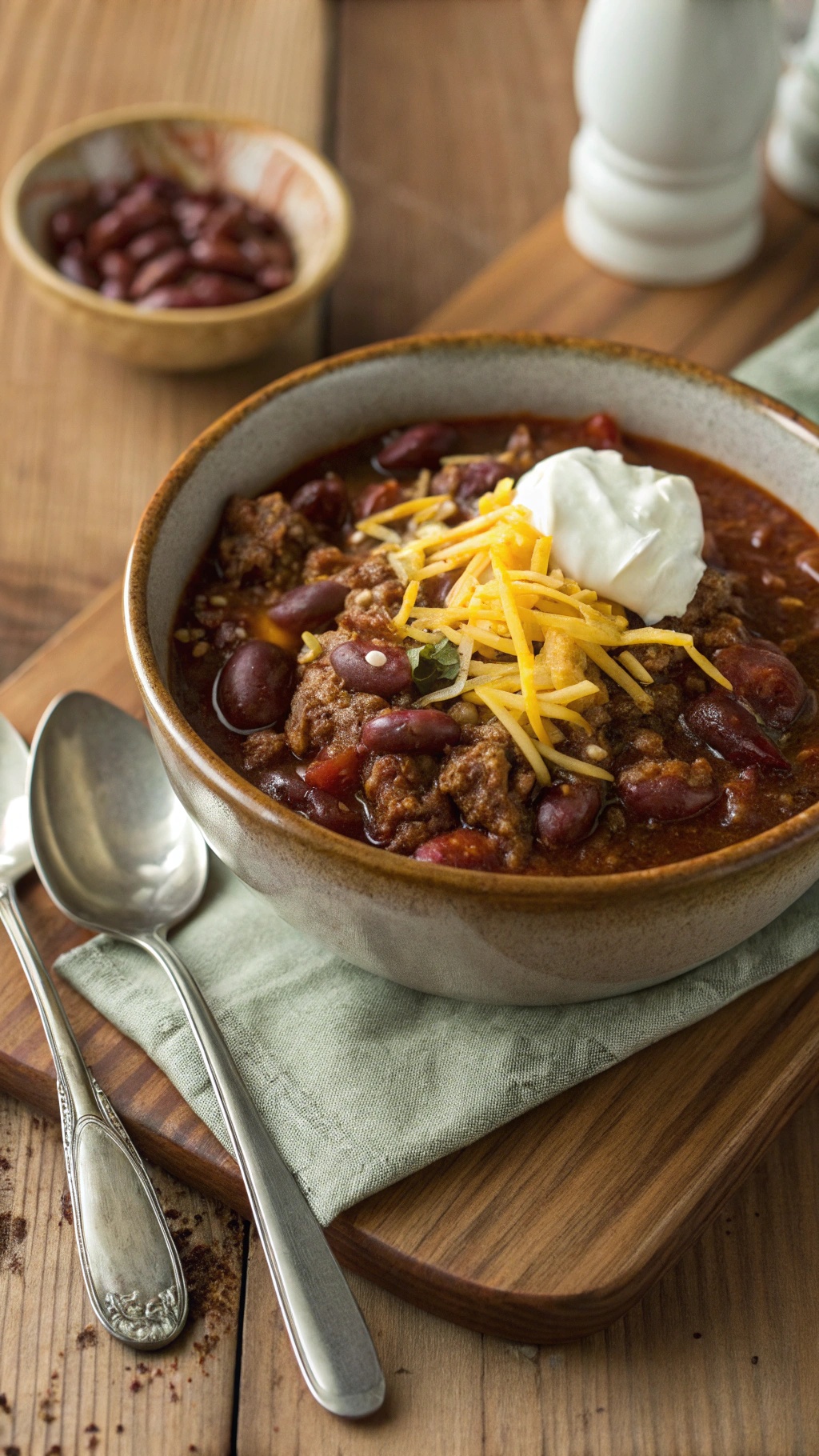 A bowl of hearty beef and bean chili topped with cheese and sour cream, served with silver spoons on a wooden table.