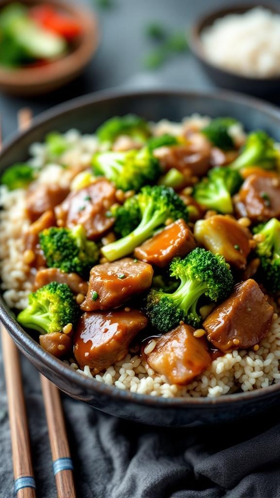 A bowl of beef and broccoli stir-fry served over rice, garnished with sesame seeds.