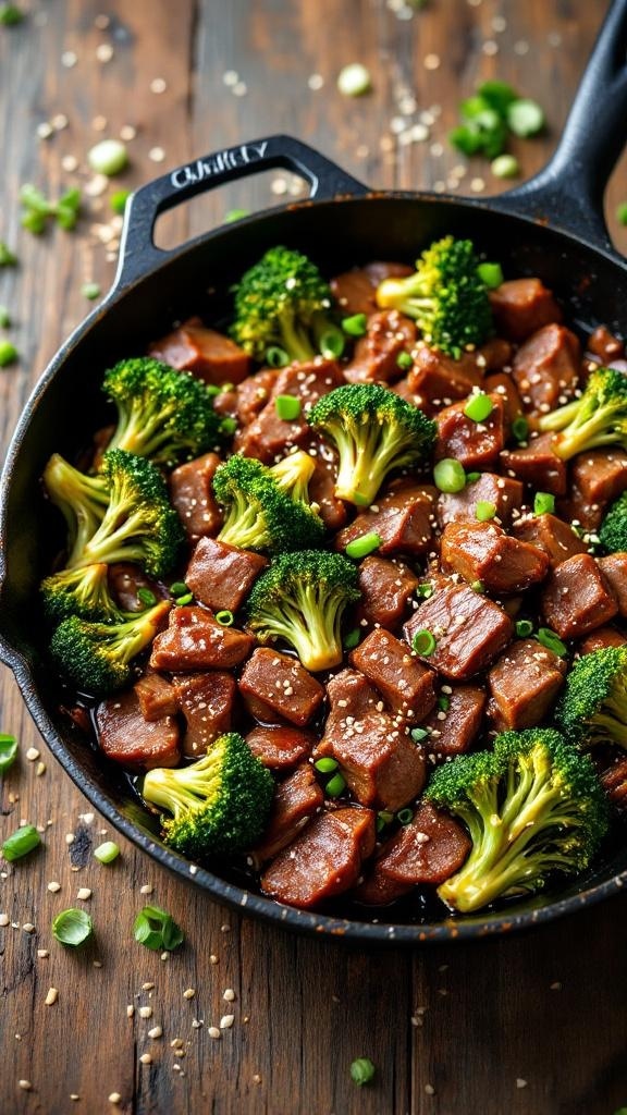 A skillet filled with beef and broccoli stir-fry, showcasing vibrant colors and a savory sauce.