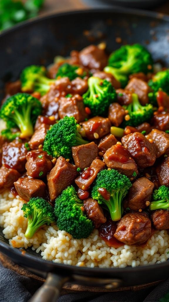 A hearty beef and broccoli stir-fry with tender beef pieces and vibrant broccoli served over rice.
