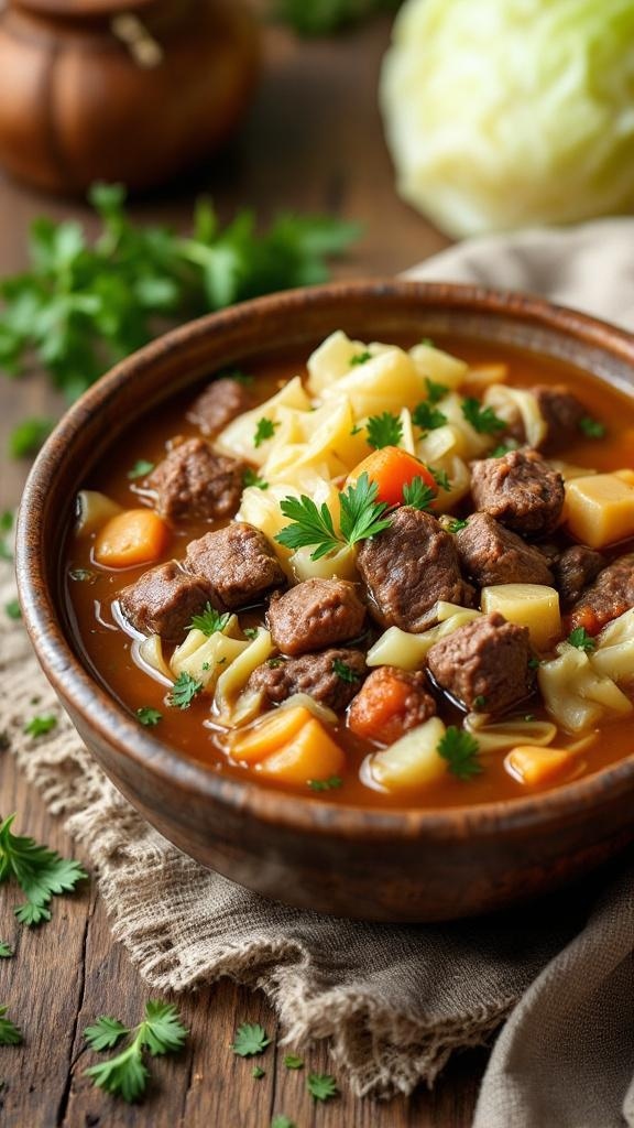 A bowl of hearty beef and cabbage soup with tender beef, vegetables, and fresh parsley on top.