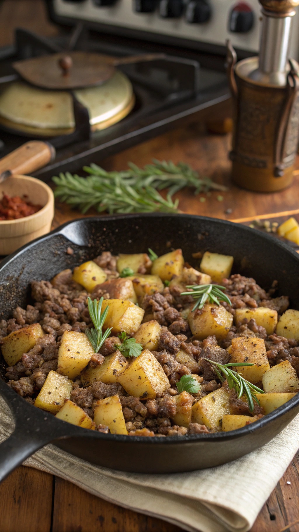 A hearty beef and potato skillet with fresh herbs on top, cooking on a stovetop.