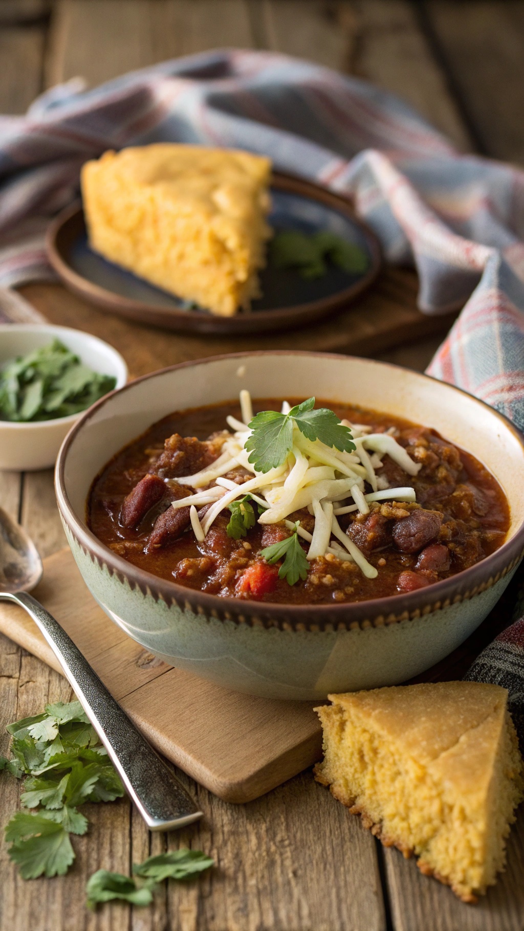 A bowl of hearty beef chili topped with cheese and cilantro, served with cornbread on the side.