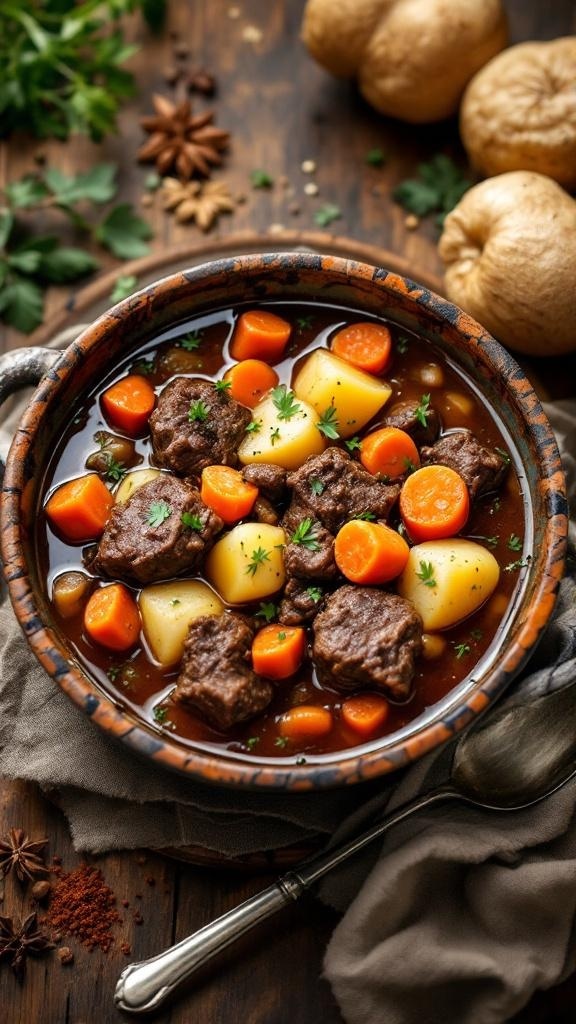 A bowl of hearty beef stew with root vegetables, including carrots and potatoes, garnished with parsley.