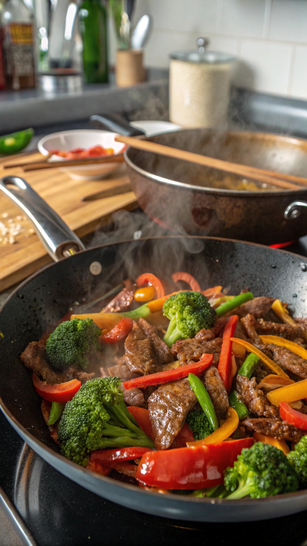 A colorful beef stir-fry with broccoli and bell peppers cooking in a pan