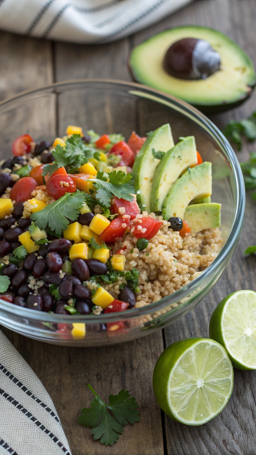 A colorful bowl of quinoa salad with black beans, tomatoes, mango, and avocado.