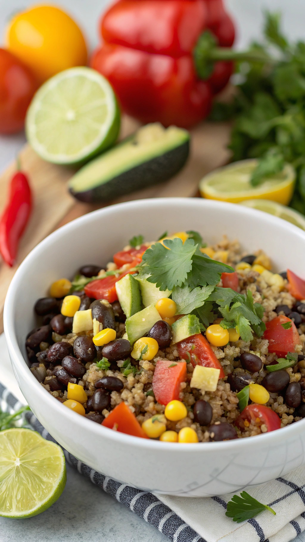 A colorful bowl of black bean and quinoa salad with fresh vegetables and lime.