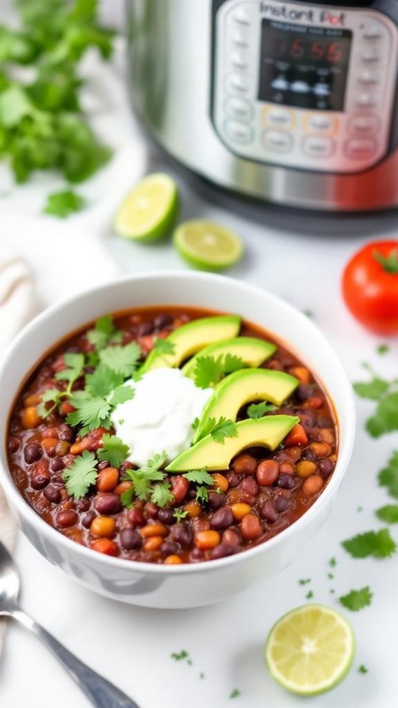 A bowl of black bean chili topped with avocado, sour cream, and cilantro, with an Instant Pot in the background.