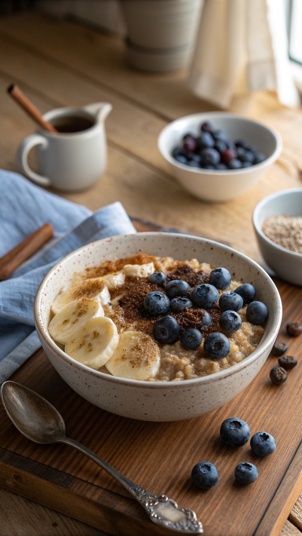 A hearty blueberry oatmeal bowl topped with banana slices and cinnamon, with additional blueberries and a cup of milk in the background.