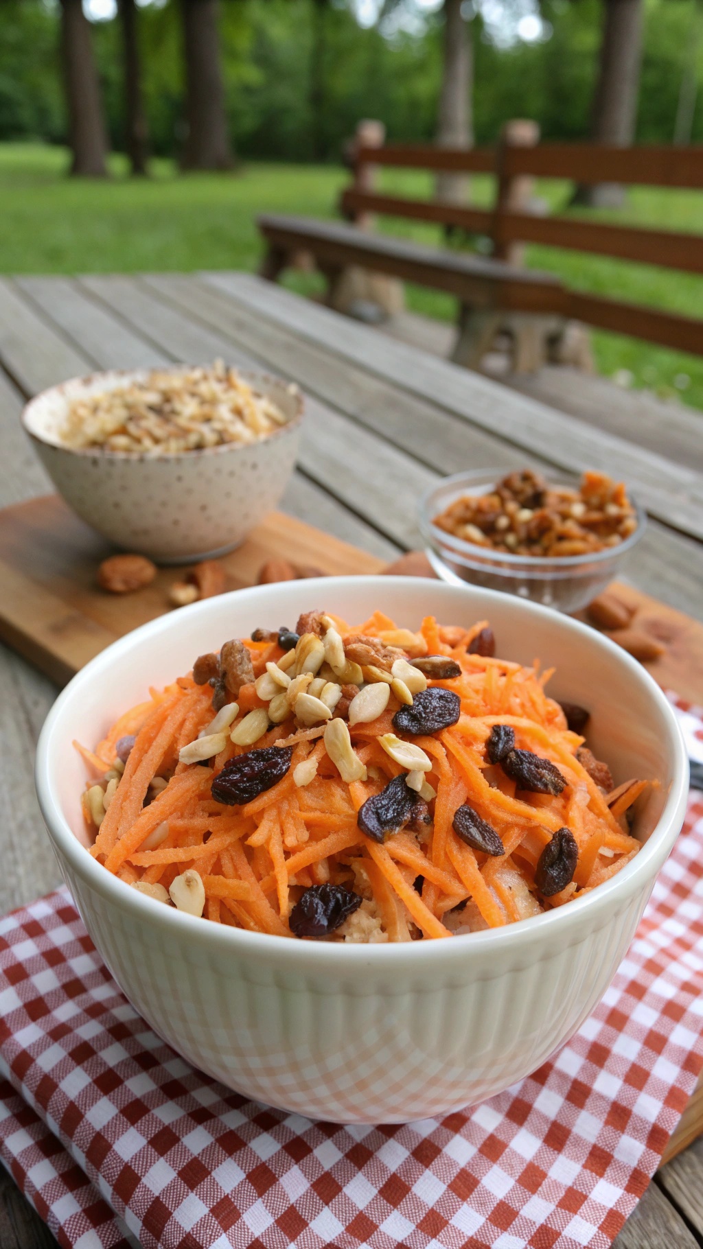 A bowl of carrot and raisin salad topped with nuts, placed on a checkered cloth outdoors.