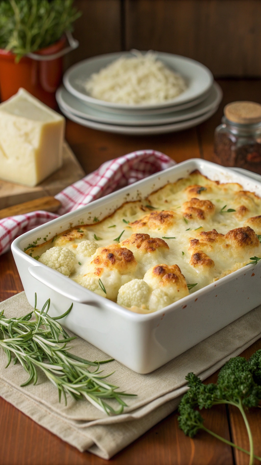 A delicious cauliflower gratin in a white baking dish, topped with golden cheese and herbs, surrounded by fresh ingredients.
