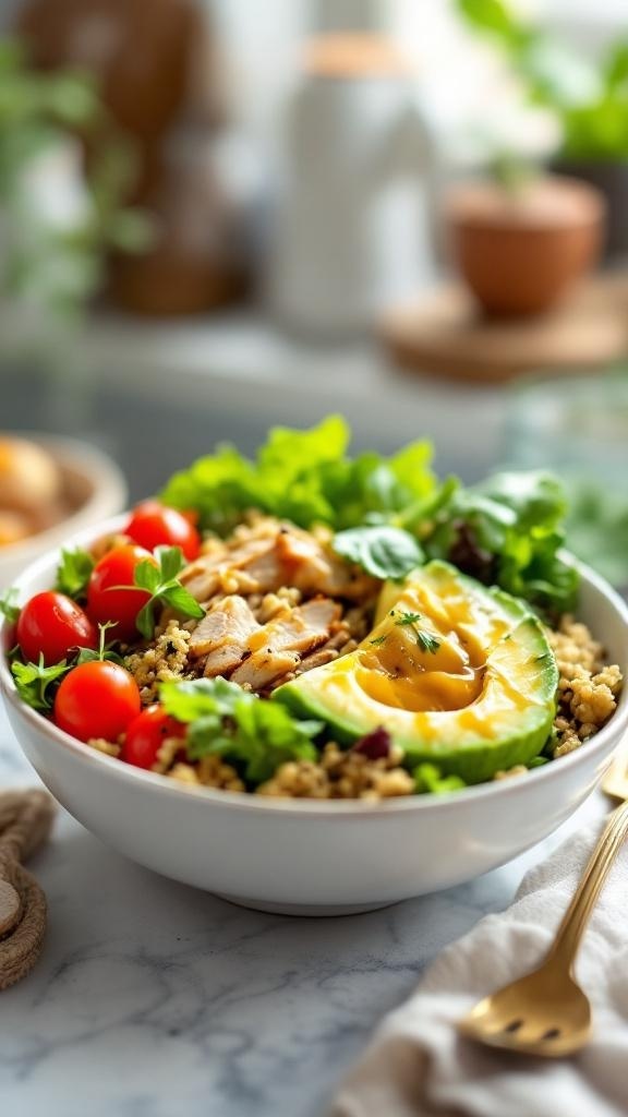 A colorful bowl filled with quinoa, rotisserie chicken, cherry tomatoes, avocado, and mixed greens.