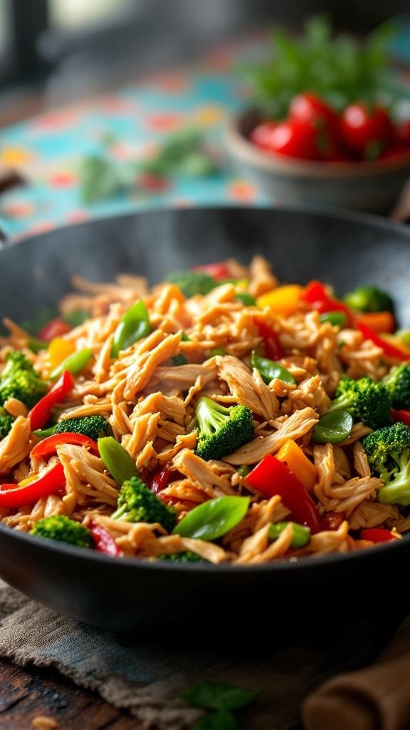 A colorful stir-fry with shredded chicken and mixed vegetables in a black skillet.