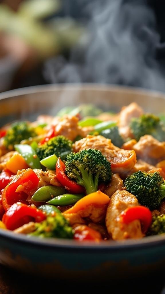 A colorful chicken and vegetable stir-fry in a pan, featuring broccoli, bell peppers, and snap peas.