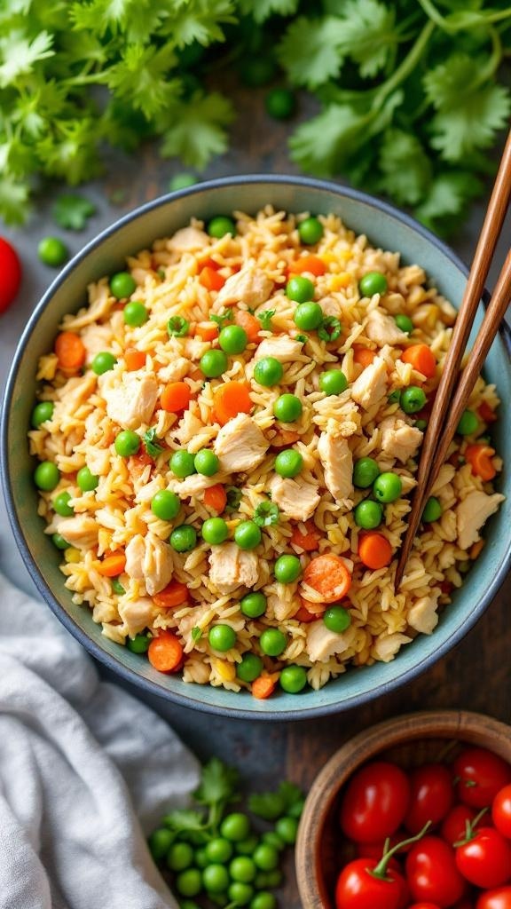 A bowl of chicken fried rice with peas and carrots, garnished with green onions.