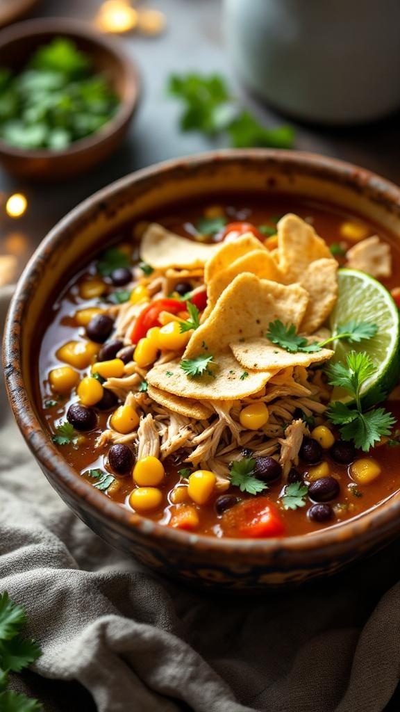 A bowl of hearty chicken tortilla soup topped with tortilla strips, cilantro, and lime.