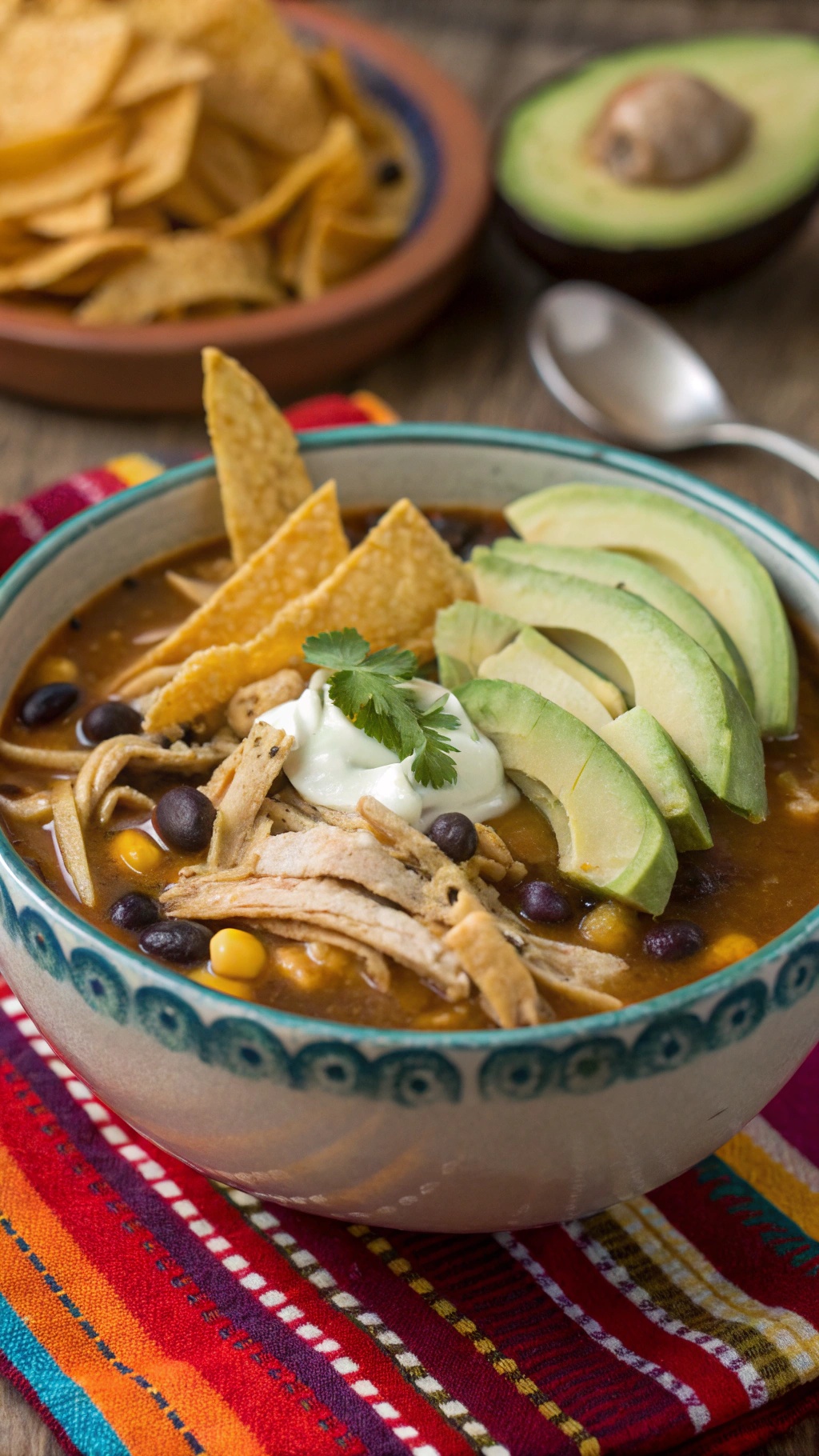 A bowl of hearty chicken tortilla soup with black beans, topped with avocado slices, tortilla strips, and sour cream.