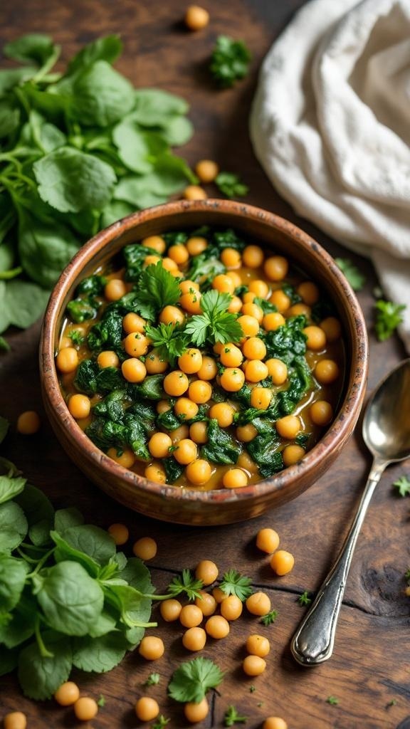 A bowl of hearty chickpea and spinach stew garnished with fresh herbs