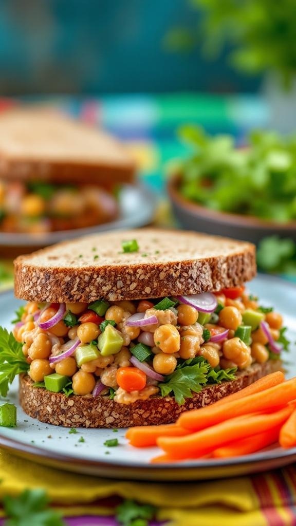 A hearty chickpea salad sandwich with colorful vegetables, served with carrot sticks.