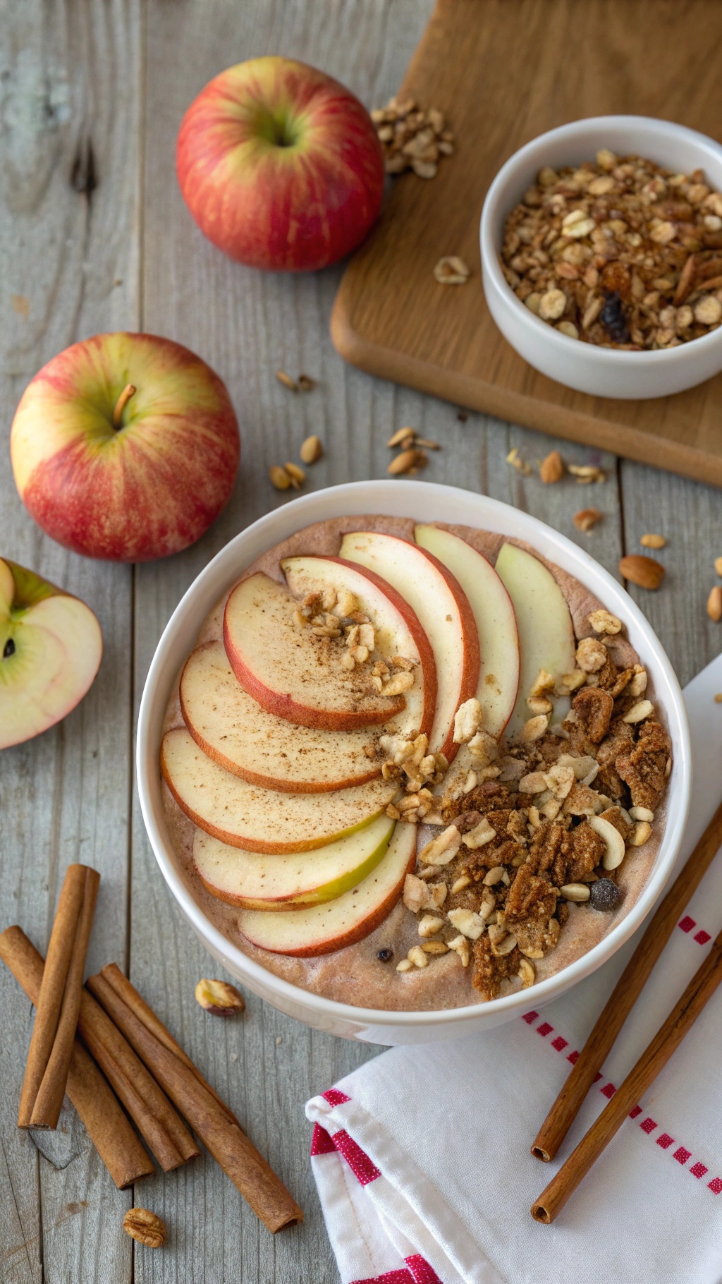 A hearty cinnamon apple smoothie bowl topped with apple slices, granola, and cinnamon sticks.