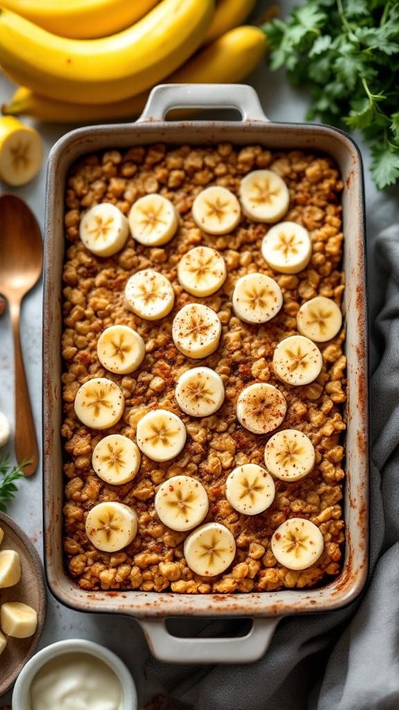 A baked dish of cottage cheese and oatmeal topped with banana slices, surrounded by fresh bananas.
