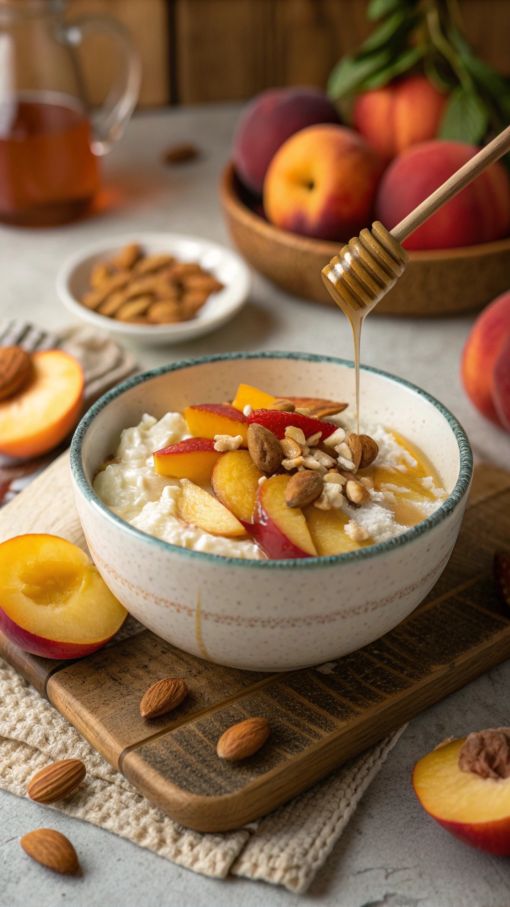 A hearty cottage cheese bowl topped with fresh peaches, nuts, and a drizzle of honey.