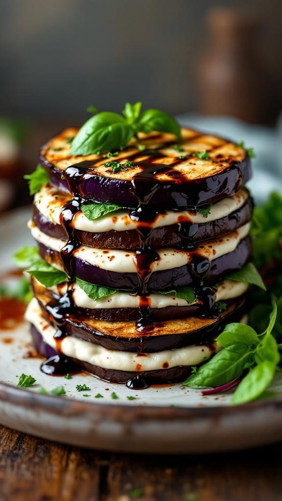 Grilled eggplant sandwiches stacked with cheese and drizzled with balsamic glaze.