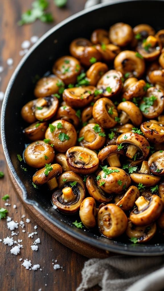 A skillet filled with sautéed garlic butter mushrooms garnished with parsley.