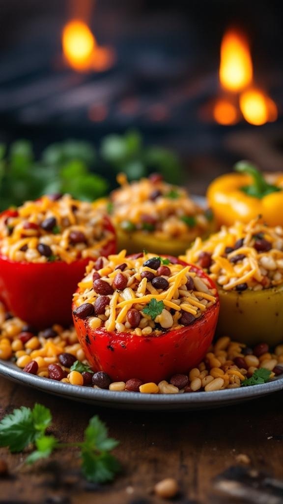 Hearty grilled stuffed peppers filled with beans, corn, and cheese, sitting on a plate with a smoky grill in the background.