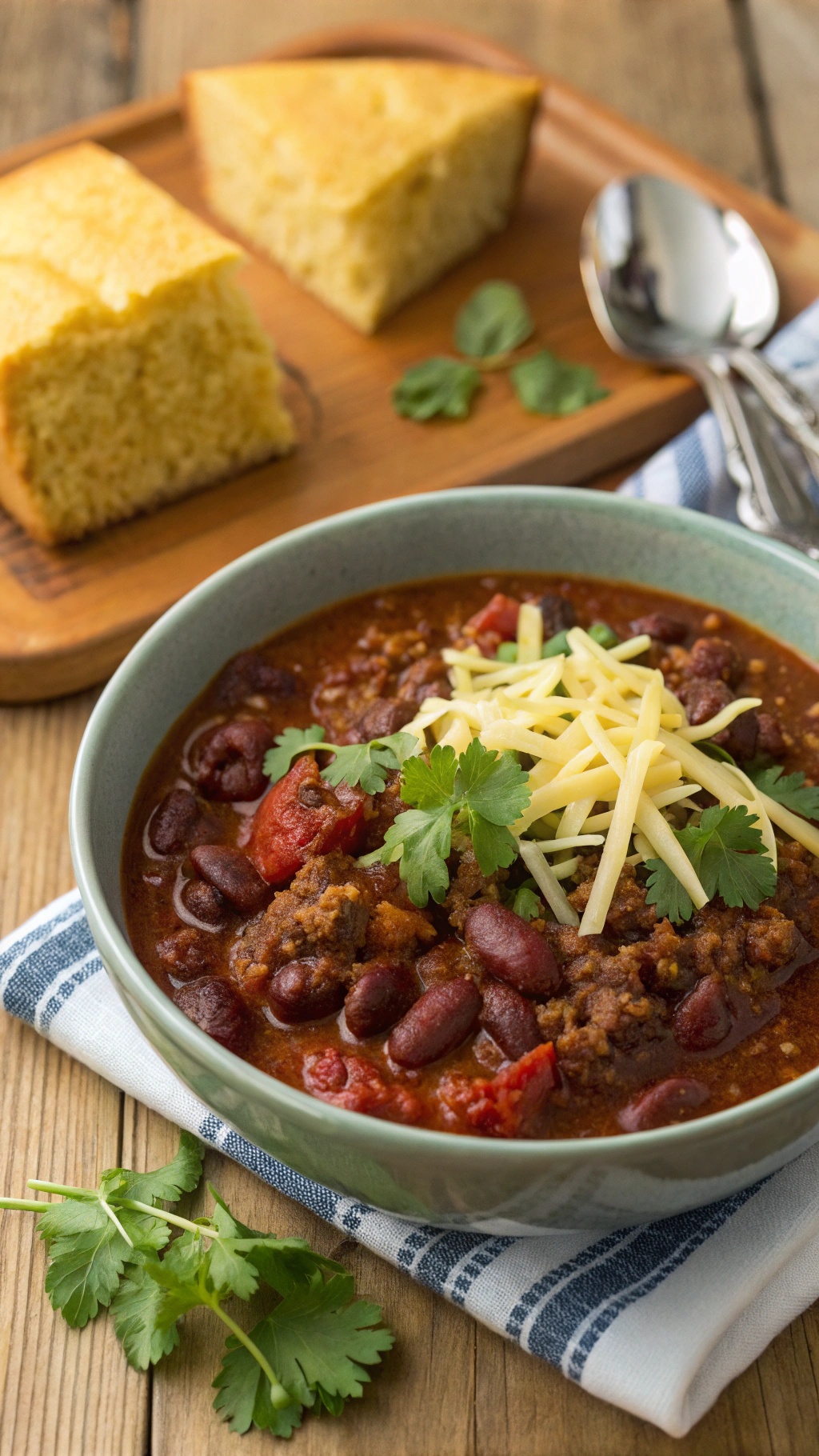 A bowl of hearty ground beef chili topped with cheese and cilantro, served with cornbread on the side.