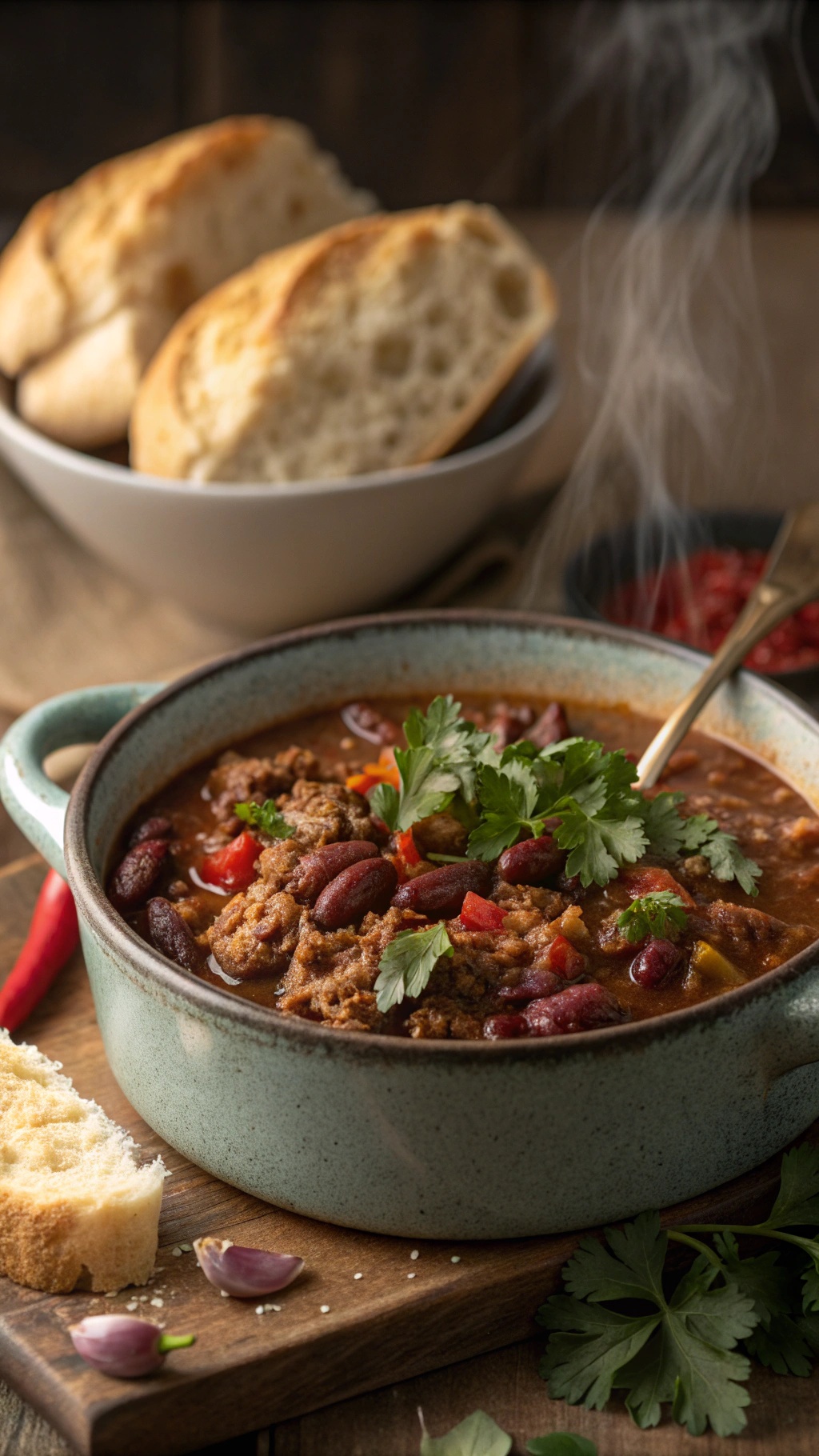 A bowl of hearty ground beef chili with beans, garnished with cilantro, served with bread on the side.