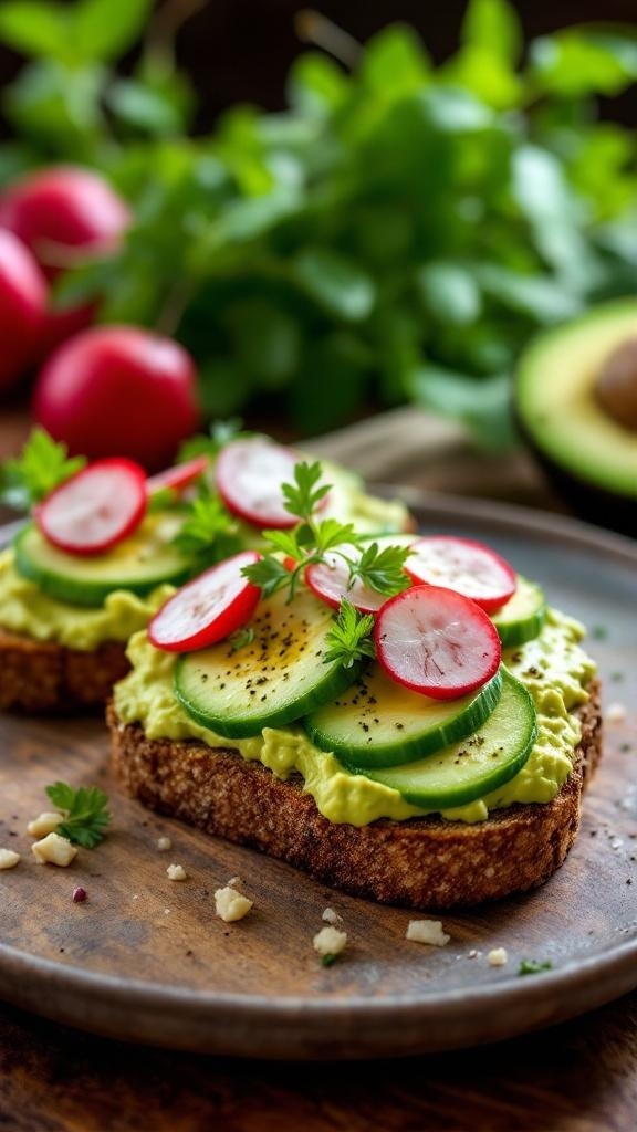 Hearty hummus and avocado toast topped with cucumber and radish slices on a wooden plate.