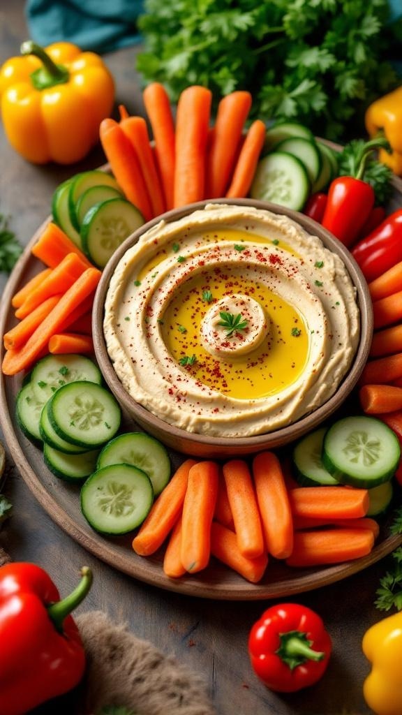 A colorful platter with hummus and fresh vegetables including carrots, cucumbers, and bell peppers.