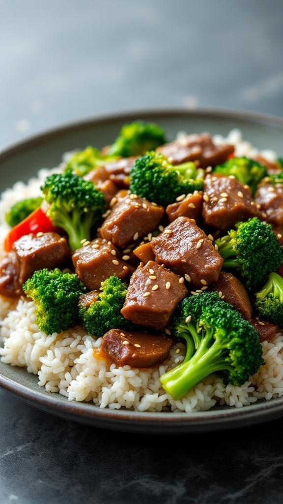 A plate of beef and broccoli served over rice, garnished with sesame seeds.