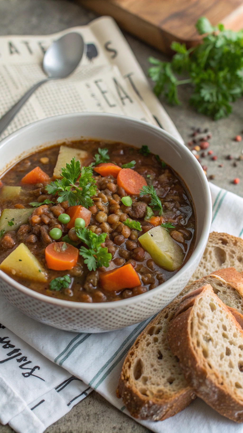 A bowl of hearty lentil and vegetable stew with slices of bread on the side